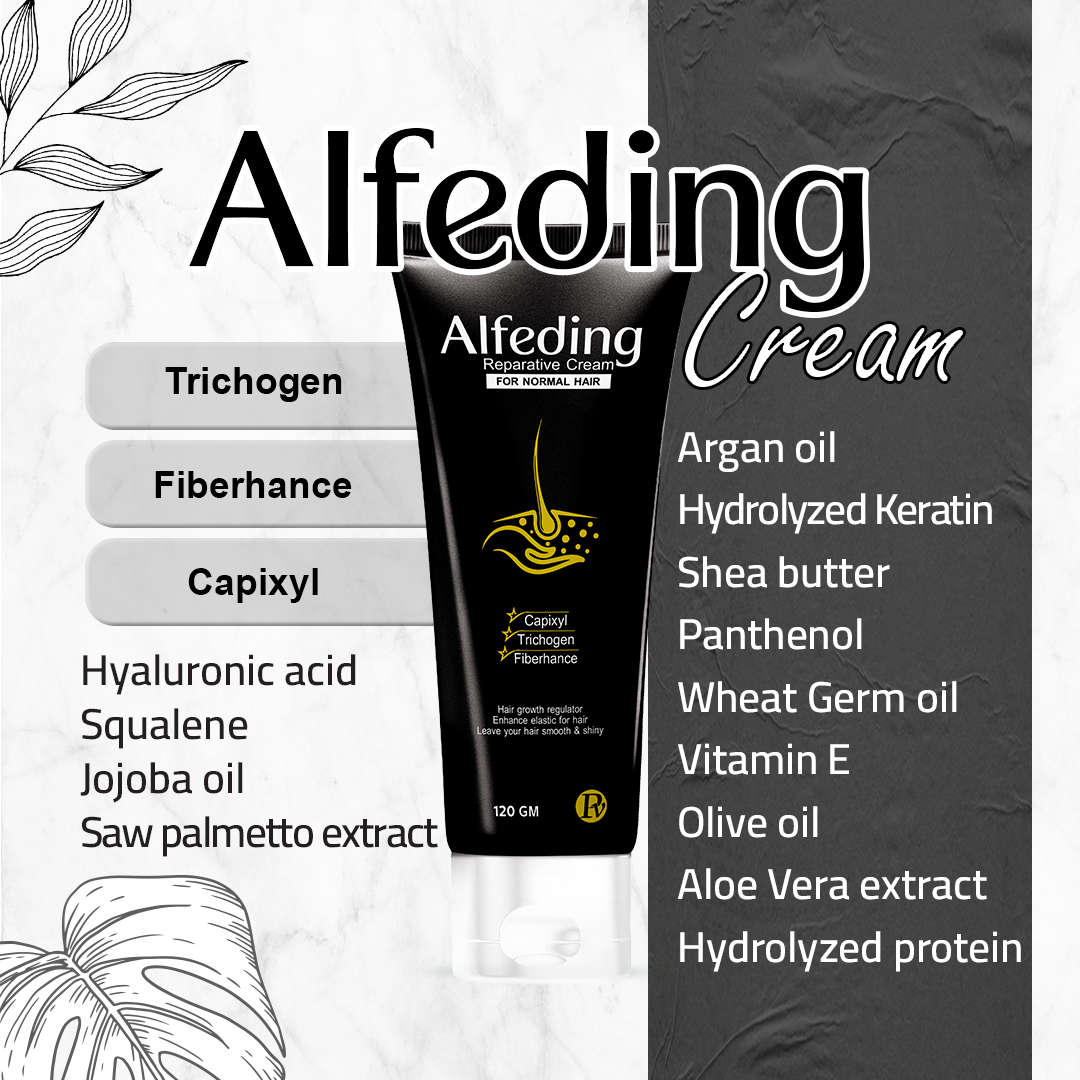 Alfeding Cream packaging with ingredients listed on a gray and white background