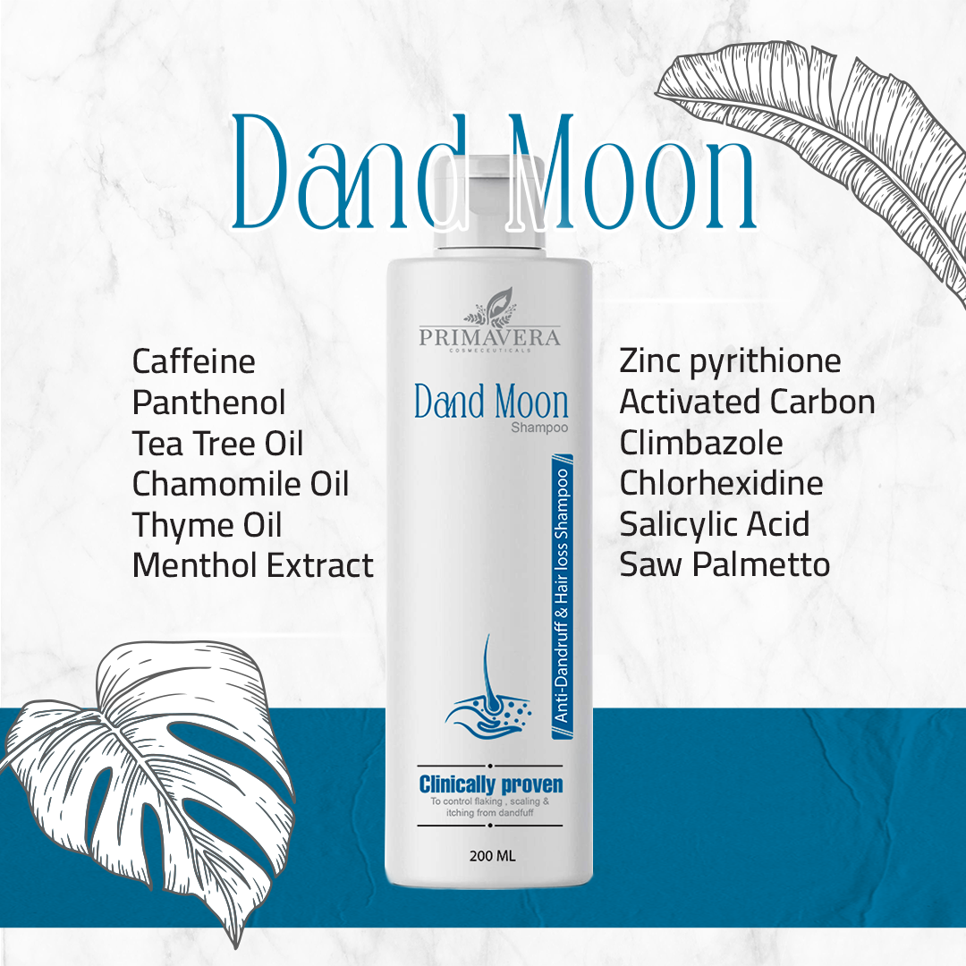 Shampoo bottle with Dand Moon branding and product details on a white background with leaf illustrations.