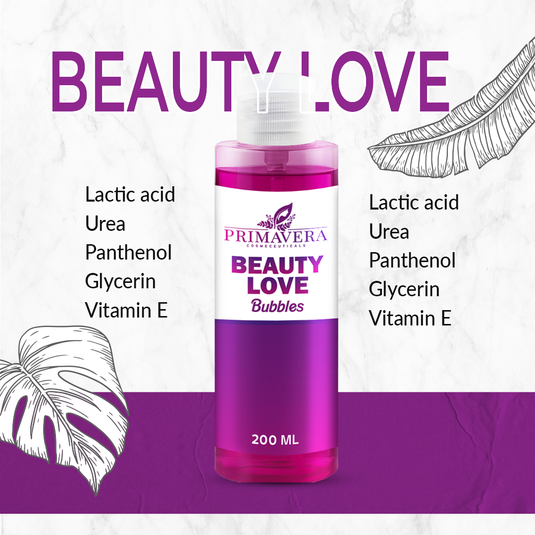 Bottle of Primavera Beauty Love product with ingredients listed on a white and purple background.