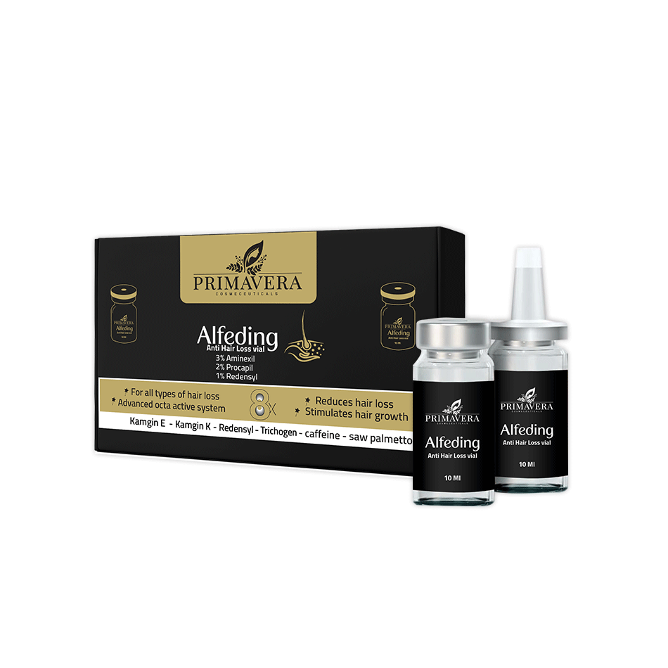 Primavera Alfeding hair care product set with packaging on a white background