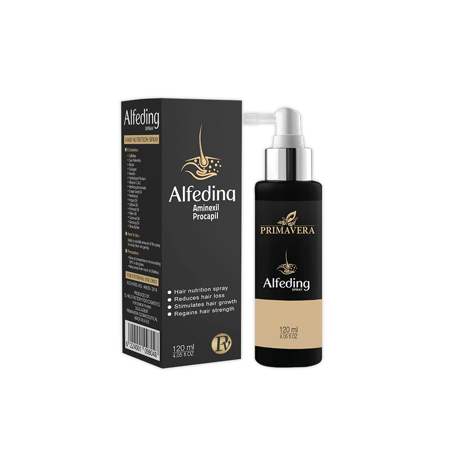 Alfedina Primavera hair care product with packaging on a white background