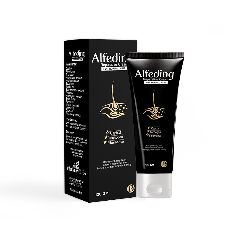 Alfeding hair care product packaging on a white background
