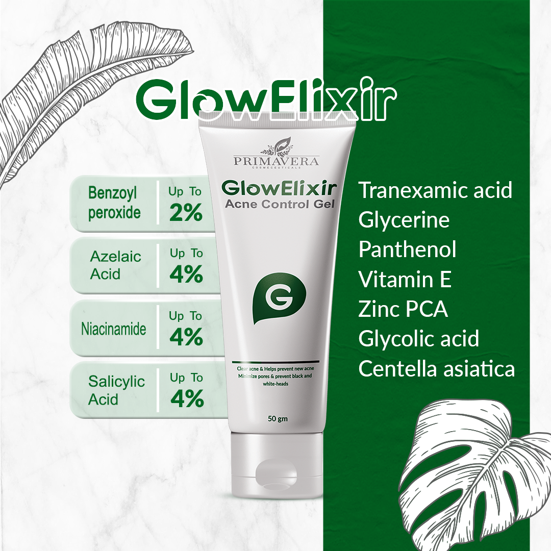 GlowElixir acne control gel with ingredient list on a green and white background