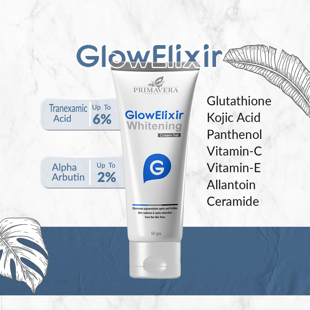 GlowElixir Whitening Cream Gel tube with ingredients listed on a white background