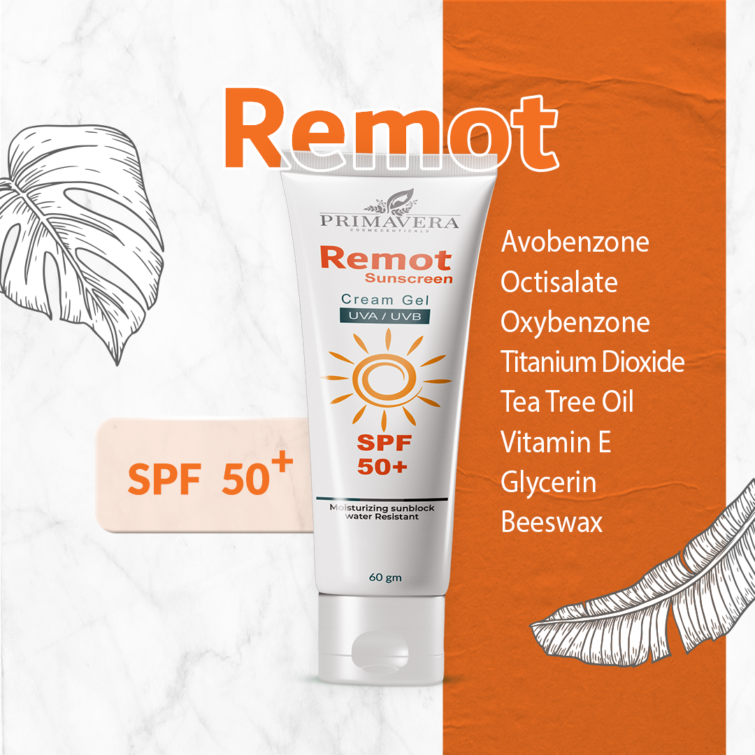 Primavera Remot sunscreen tube with SPF 50+ on an orange and white background