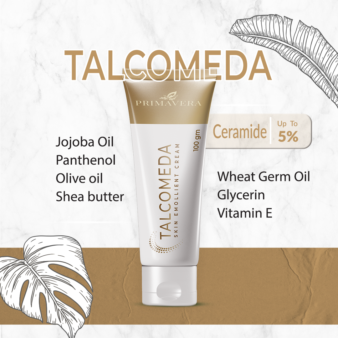 Talcomeda skincare product with ingredients listed on a white and brown background