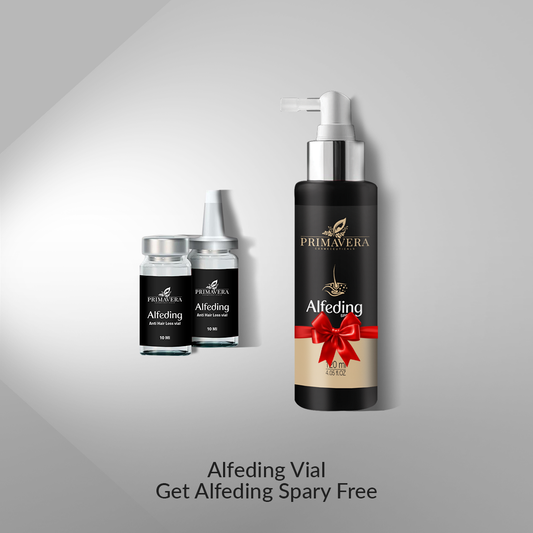 Primavera Alfeding product line including vials and a pump bottle on a gray background