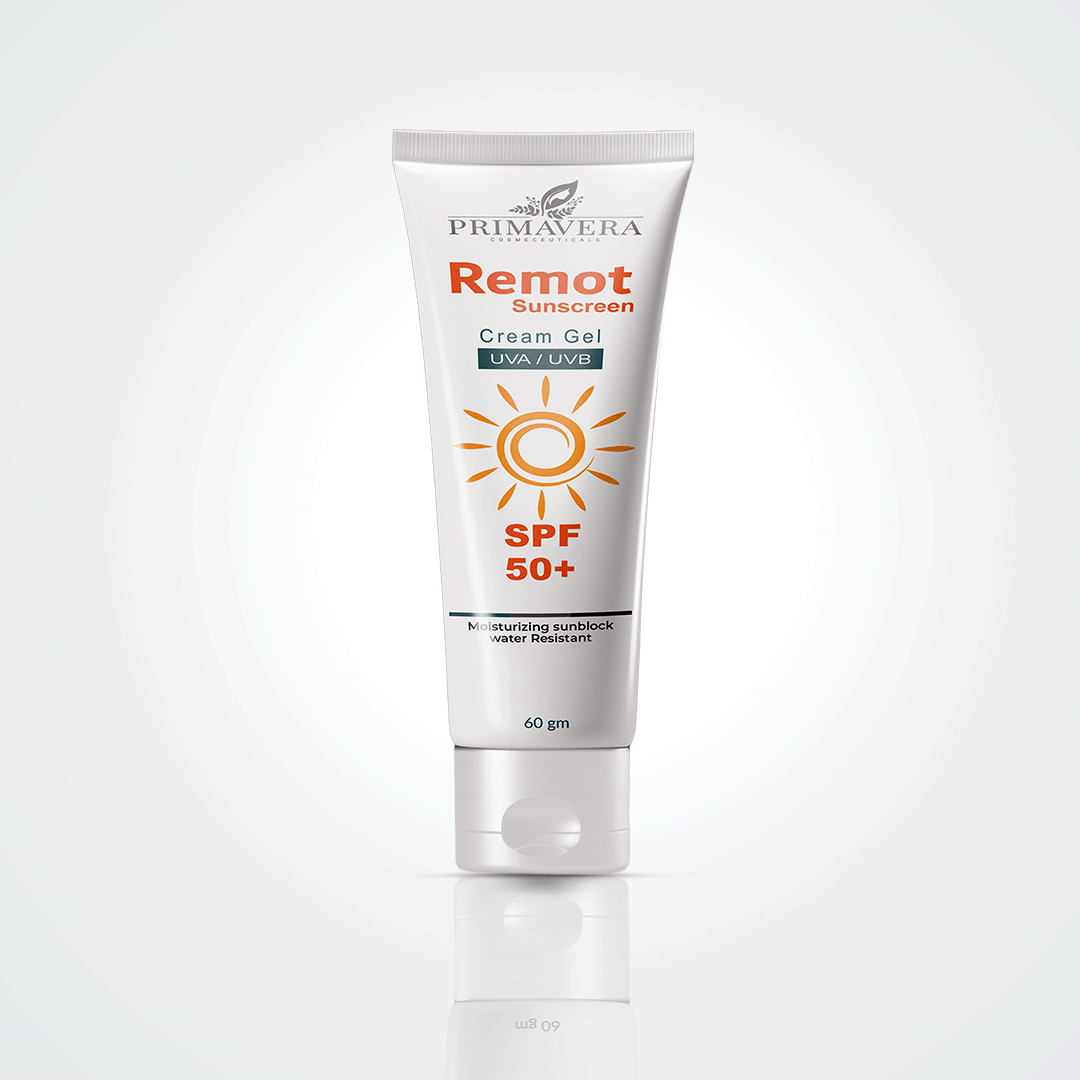 Primavera Remot Sunscreen Cream Gel SPF 50+ on a white background