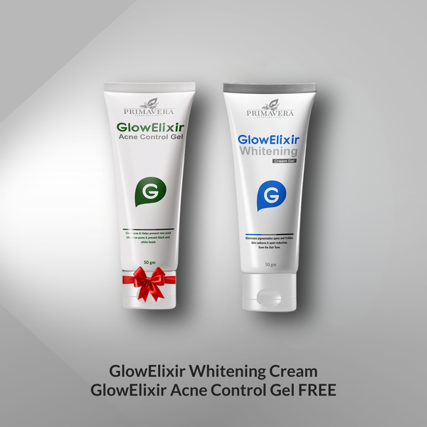 Two tubes of Primavera GlowElixir skincare products on a gray background