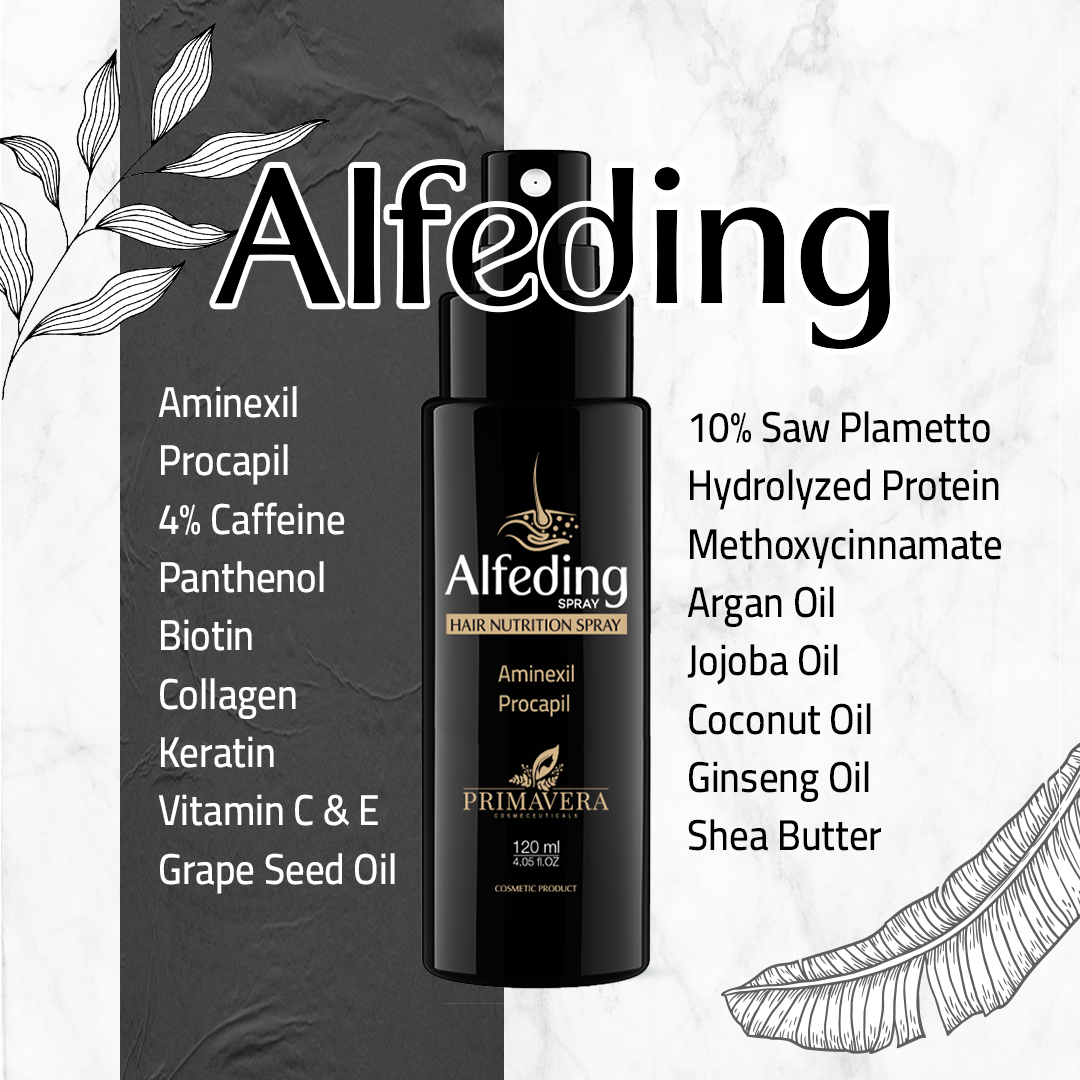 Alfeding hair nutrition spray bottle with ingredient list on a gray and white background