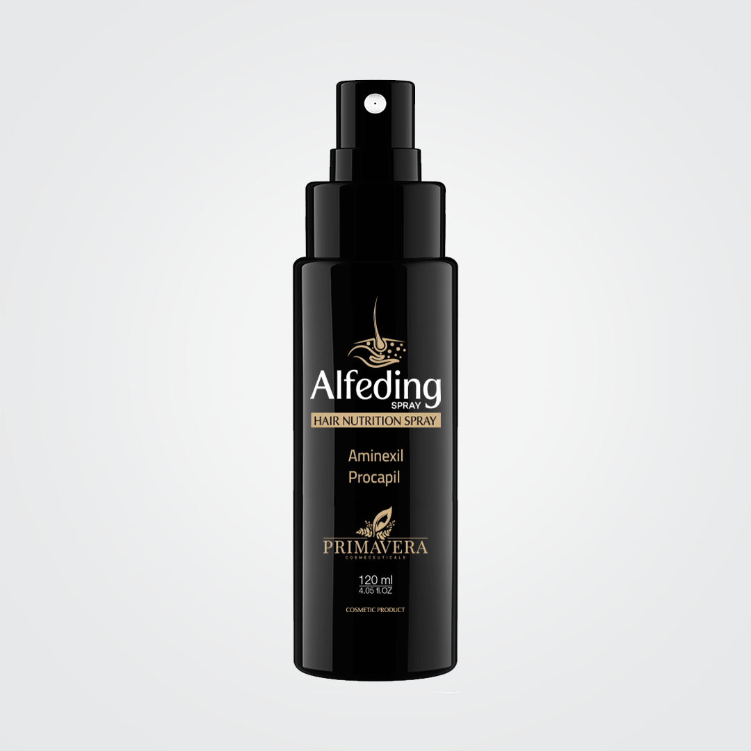 Black hair nutrition spray bottle with 'Alfeding' branding on a light gray background