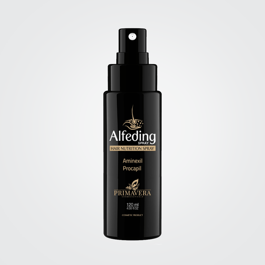 Black hair nutrition spray bottle with 'Alfeding' branding on a light gray background