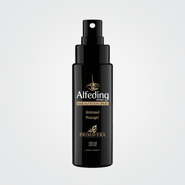 Black hair nutrition spray bottle with 'Alfeding' branding on a light gray background