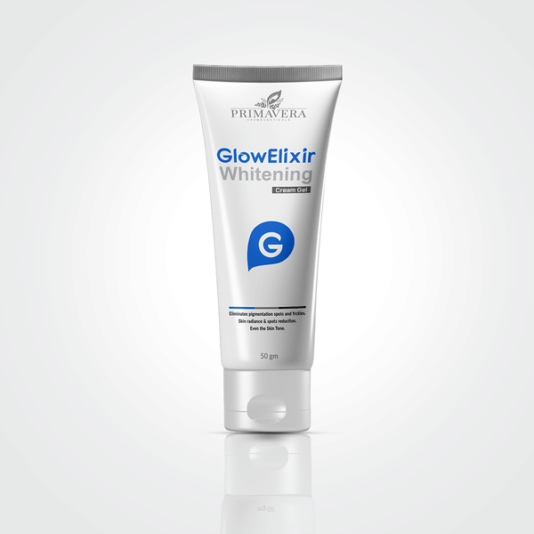 Tube of Primavera GlowElixir Whitening Cream Gel on a white background