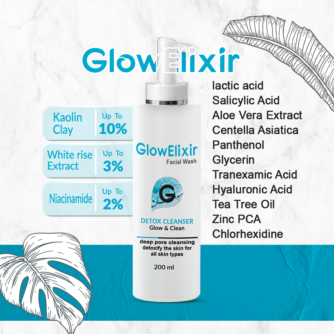GlowElixir facial wash with ingredients listed on a white background