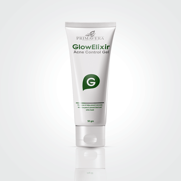 Primavera GlowElixir Acne Control Gel tube on a white background