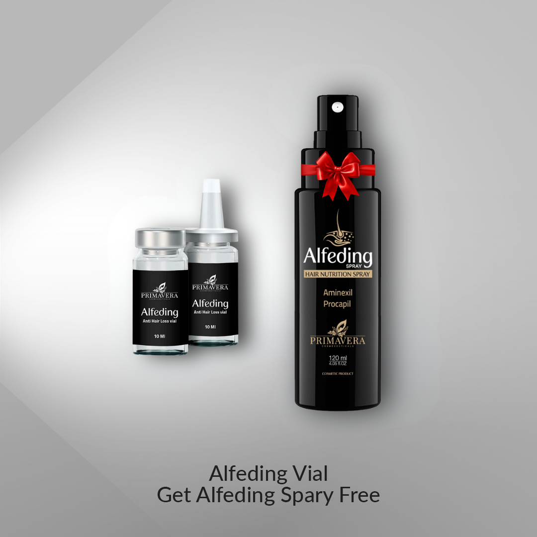 Alfeding hair care products including a spray bottle and vials on a gray background