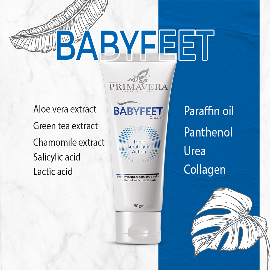 Primavera Babyfeet cream with ingredients listed on a blue and white background