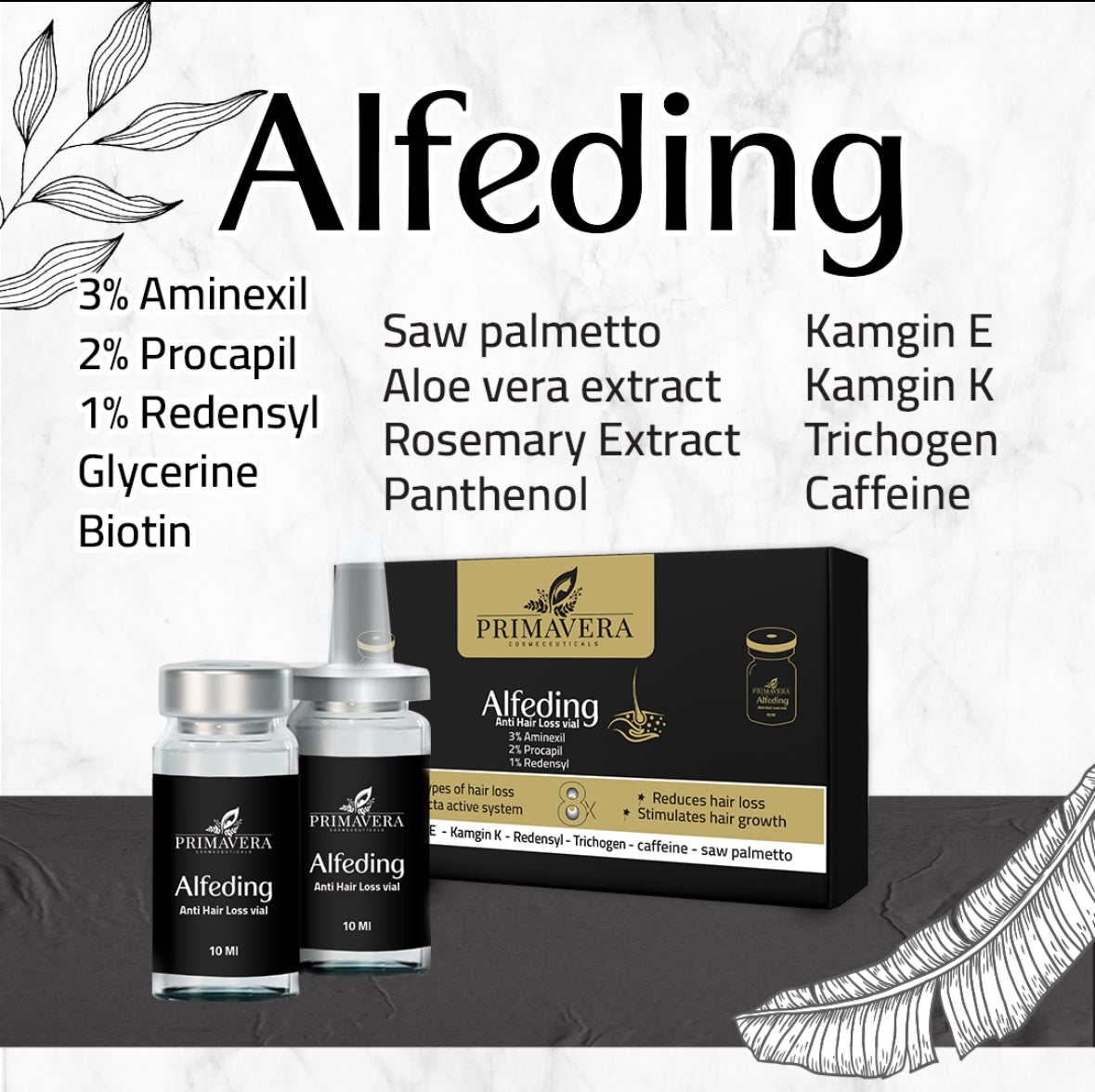 Primavera Alfeding hair care product with ingredients listed on a decorative background