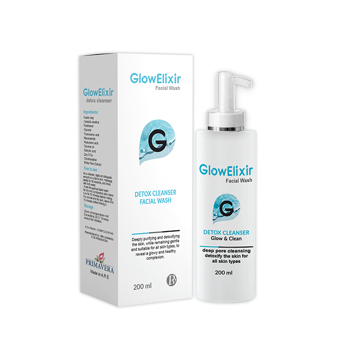 GlowElixir facial wash bottle and packaging on a white background