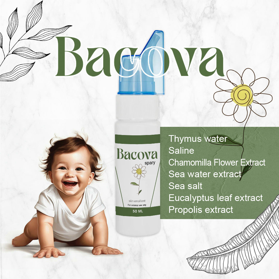 Bacova spray bottle with a baby and product ingredients on a light background