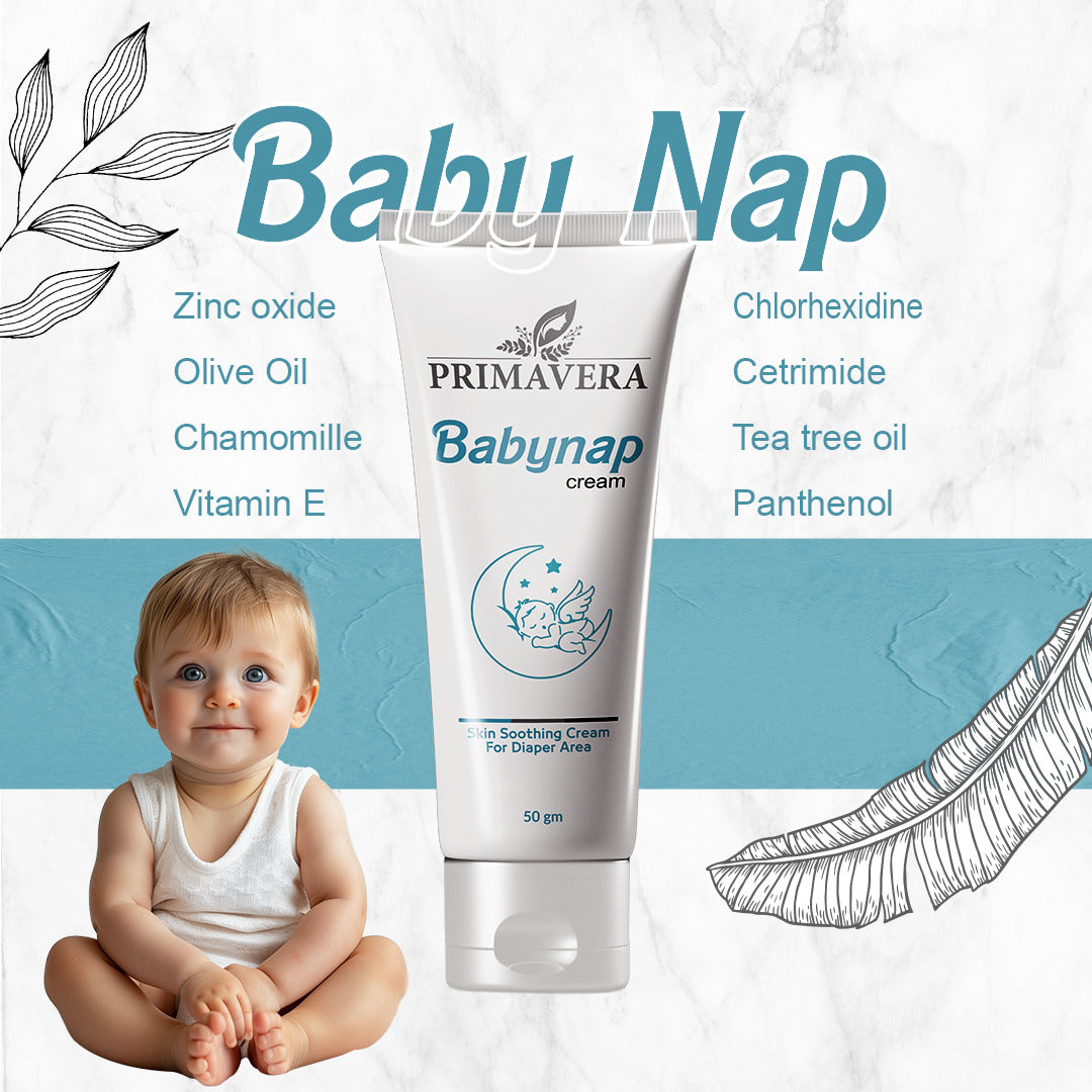 Primavera Babynap cream tube with a baby on a white background