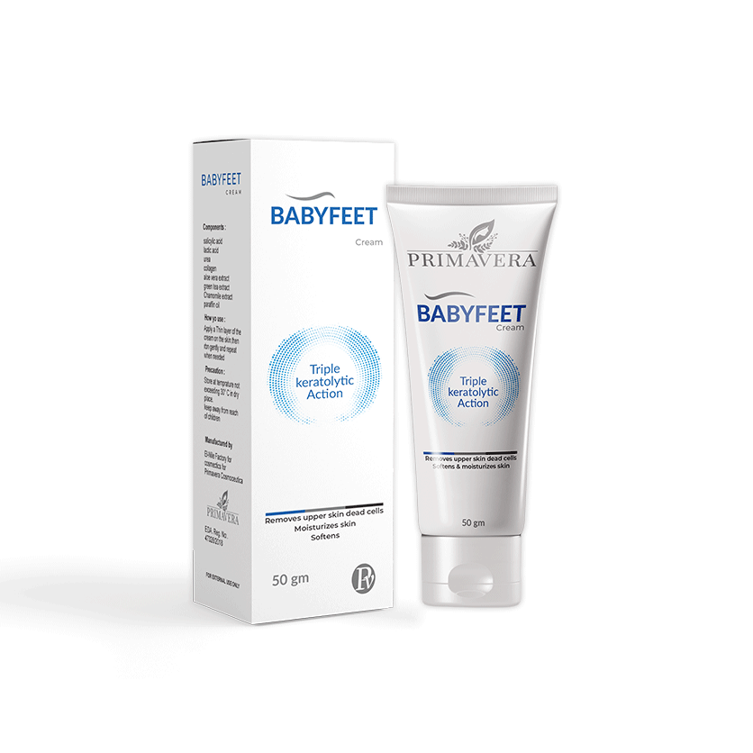 Primavera Babyfeet cream and packaging on a white background