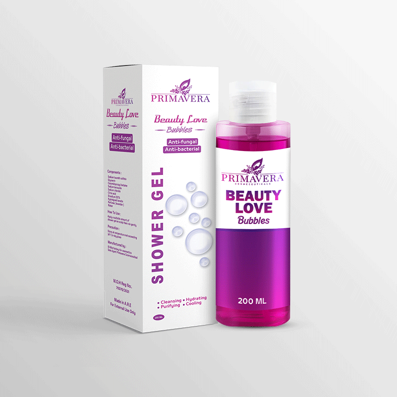 Primavera Beauty Love Bubbles shower gel bottle and packaging on a white background