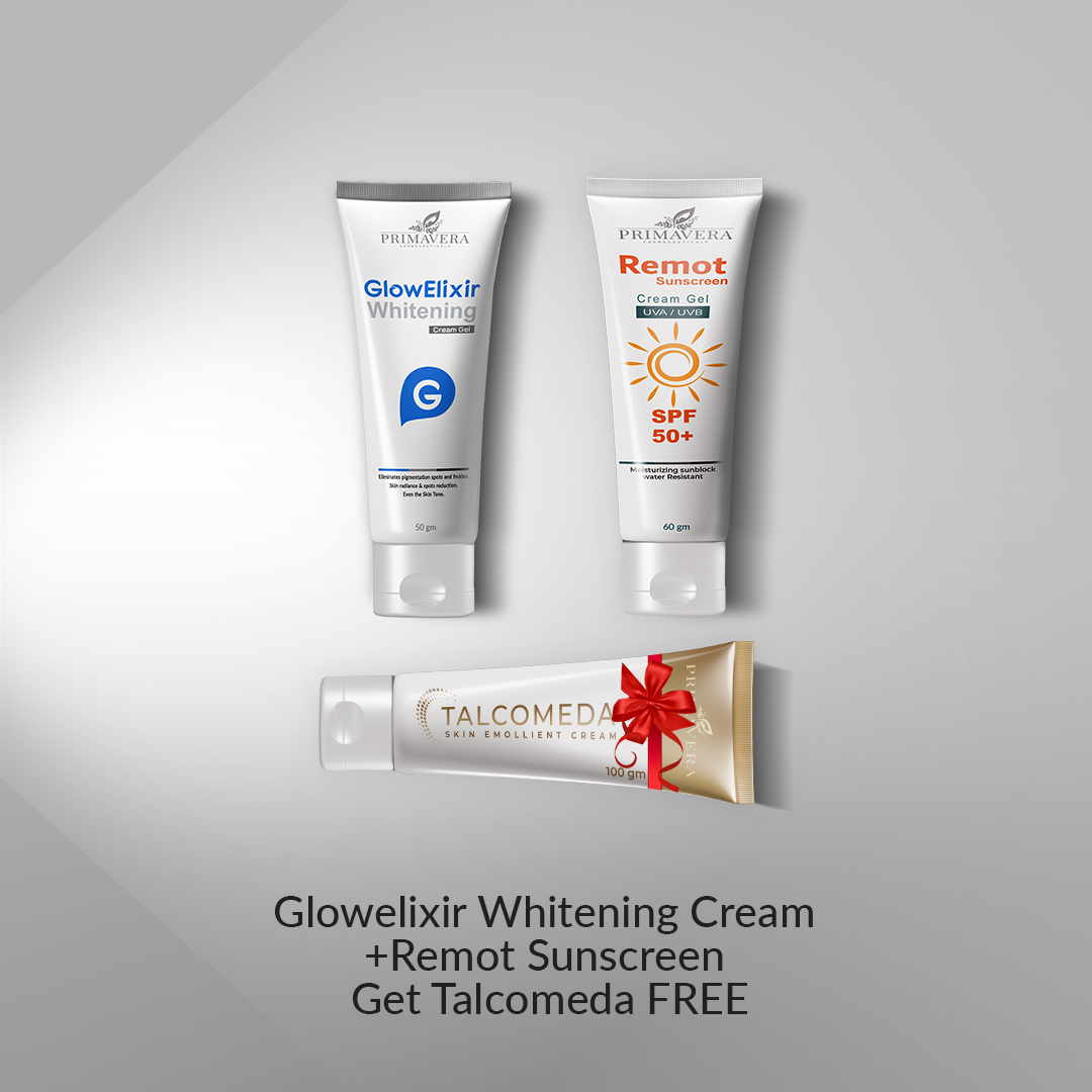 Three tubes of Primavera skincare products on a gray background