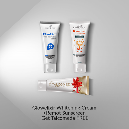 Three tubes of Primavera skincare products on a gray background