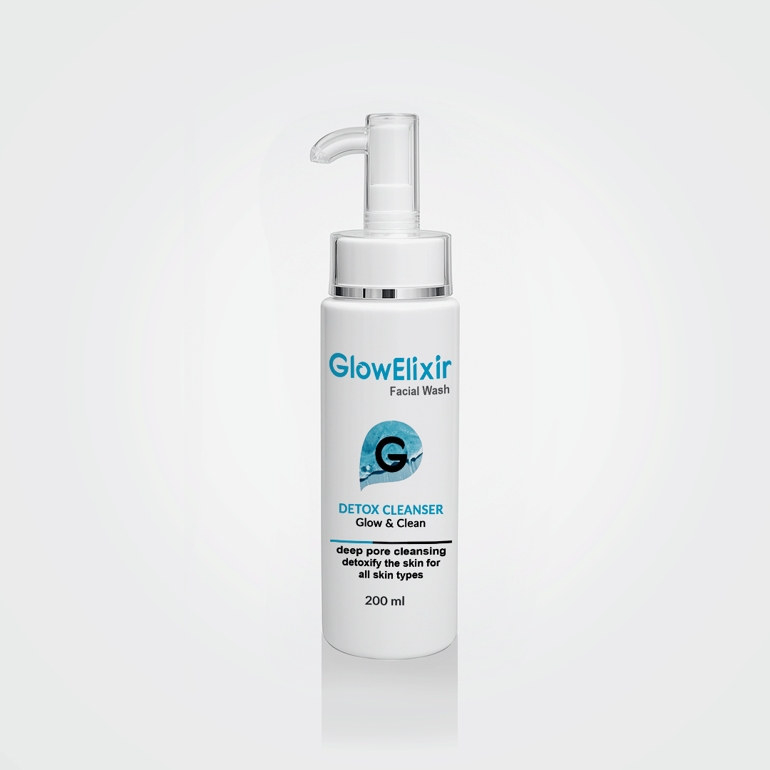 GlowElixir facial wash bottle on a white background