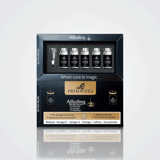 Alfeding hair care product set with bottles and packaging on a light gray background