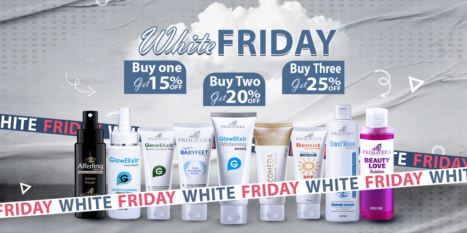 Cosmetic products with White Friday promotional text and discounts on a gray background